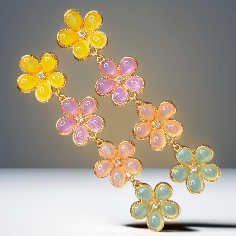 18k Gold Plated Pastel Cabochon Crystal Spring Flower Earrings - Picture 2 of 6